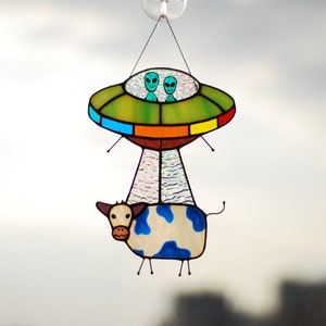 Stained glass UFO Abduction a cow Stained glass window hangings Stained glass suncatchers Stained glass decor Funny gift Form Ukraine image 6