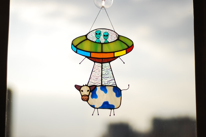 Stained glass UFO Abduction a cow Stained glass window hangings Stained glass suncatchers Stained glass decor Funny gift Form Ukraine image 6