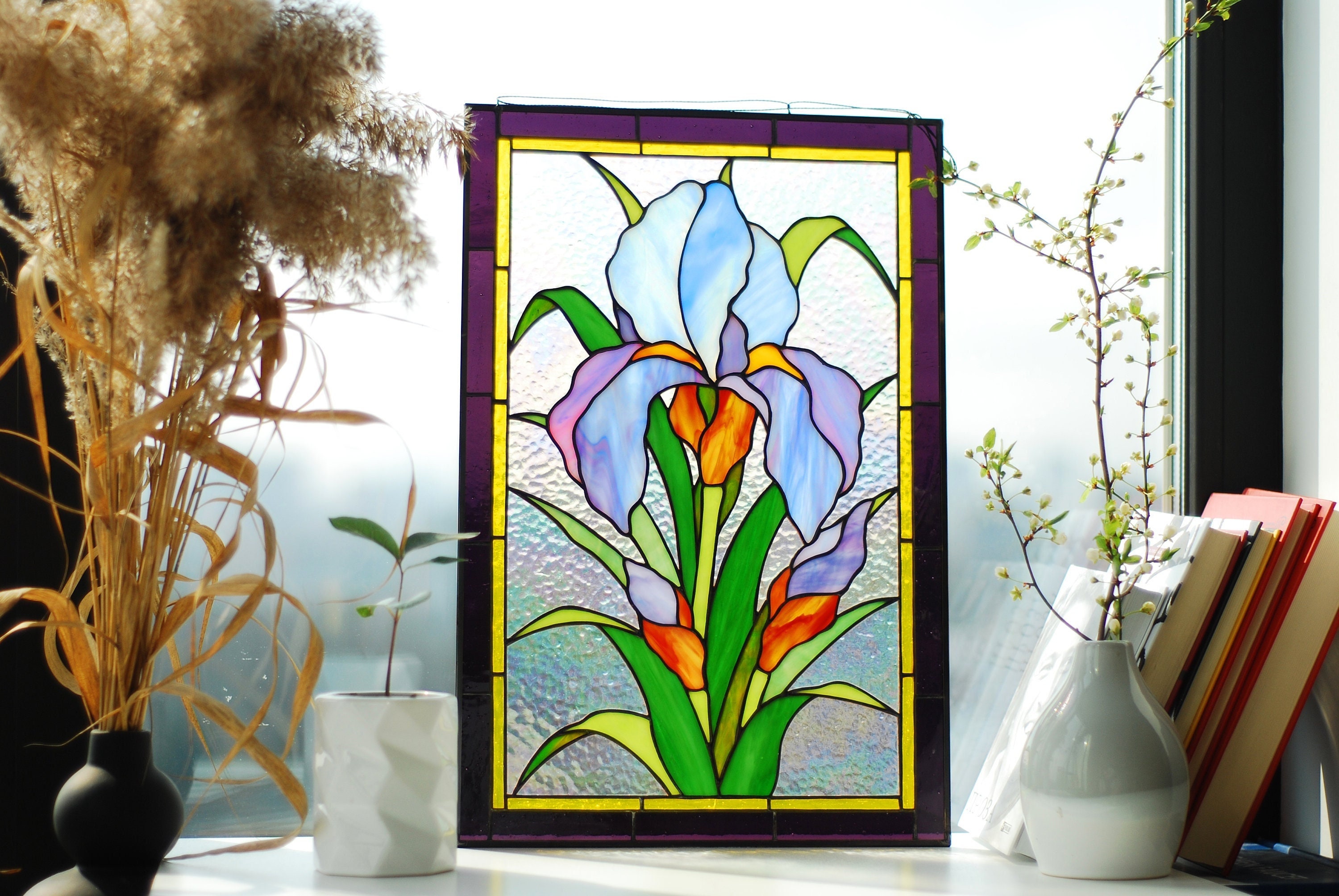 Purple Iris Stained Glass Window Hanging, Vertical Window