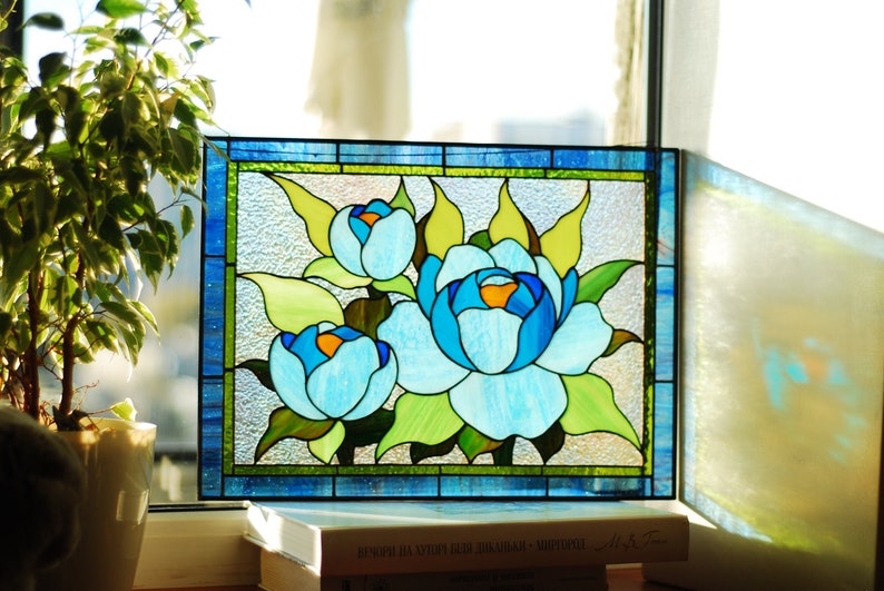 Blue Peony Stained Glass Panel 11.5x15.5 in, Teal Floral Wall Art, Handmade Tiffany Suncatcher image 1