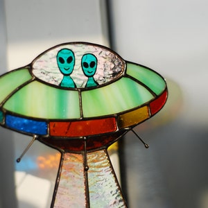 Stained glass UFO Abduction a cow Stained glass window hangings Stained glass suncatchers Stained glass decor Funny gift Form Ukraine image 4