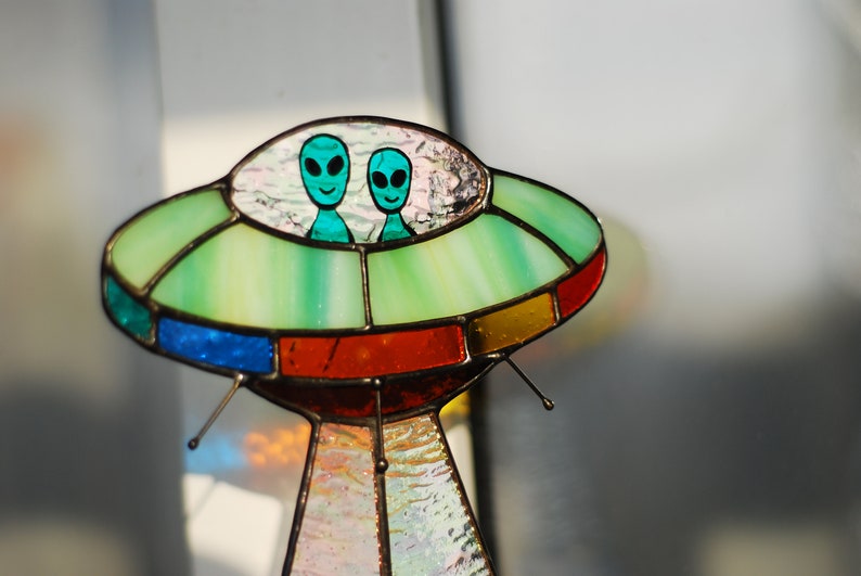 Stained glass UFO Abduction a cow Stained glass window hangings Stained glass suncatchers Stained glass decor Funny gift Form Ukraine image 4