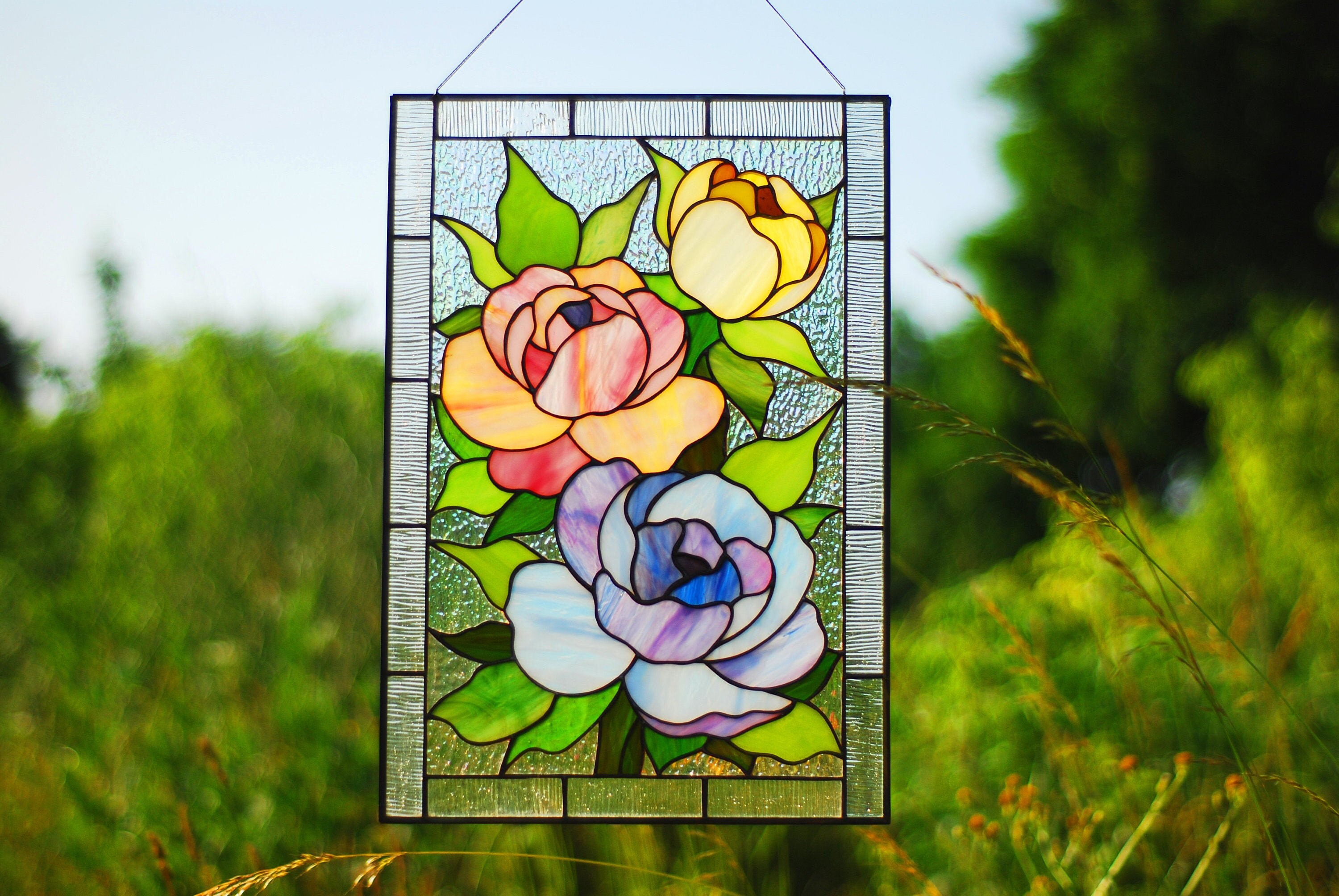 Stained glass panel Peony Stained glass window hanging Pink Etsy