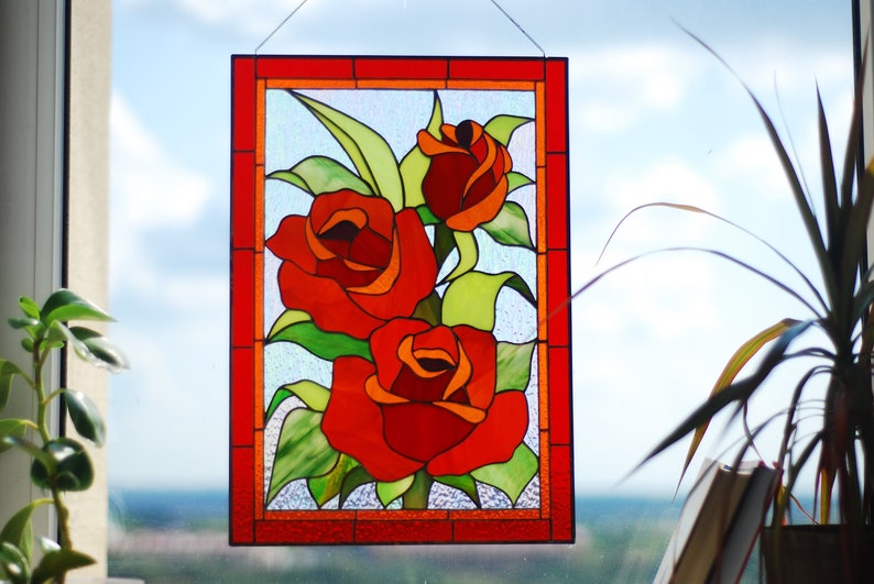 Red Roses Stained Glass Panel Stained Glass Window Hanging Etsy