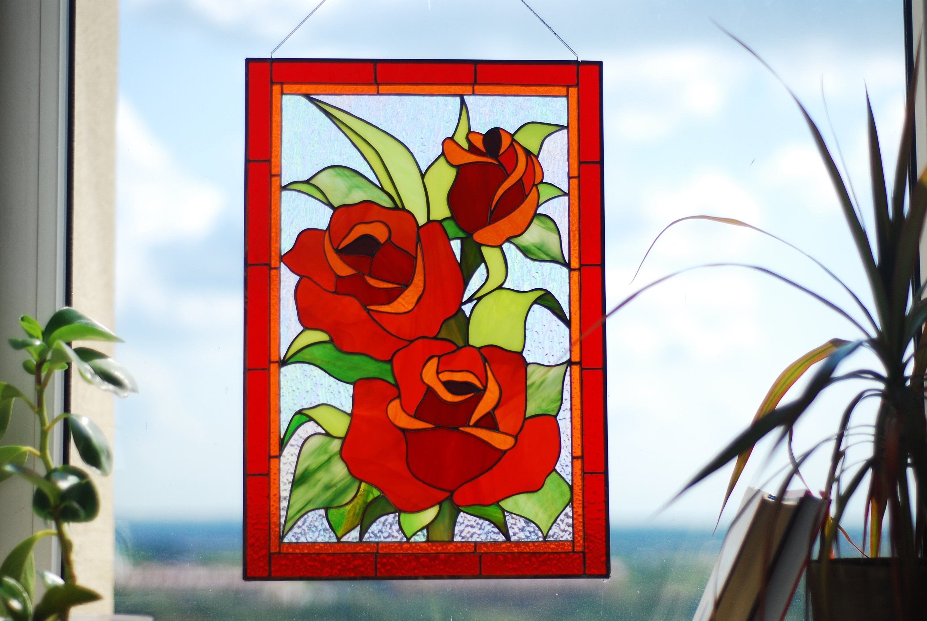 Red Roses Stained Glass Panel Stained Glass Window Hanging Etsy