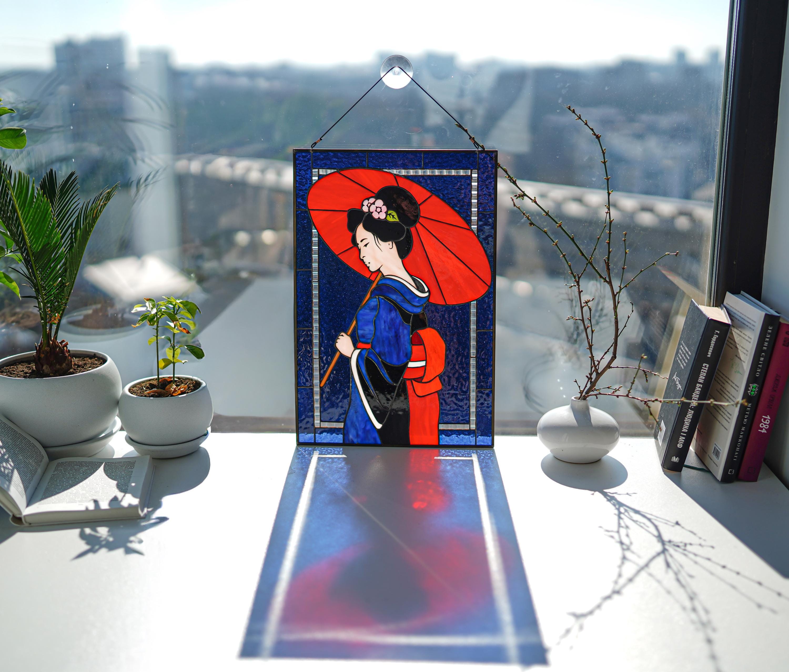 Geisha Red Umbrella Stained Glass Panel Suncatcher, Japanese