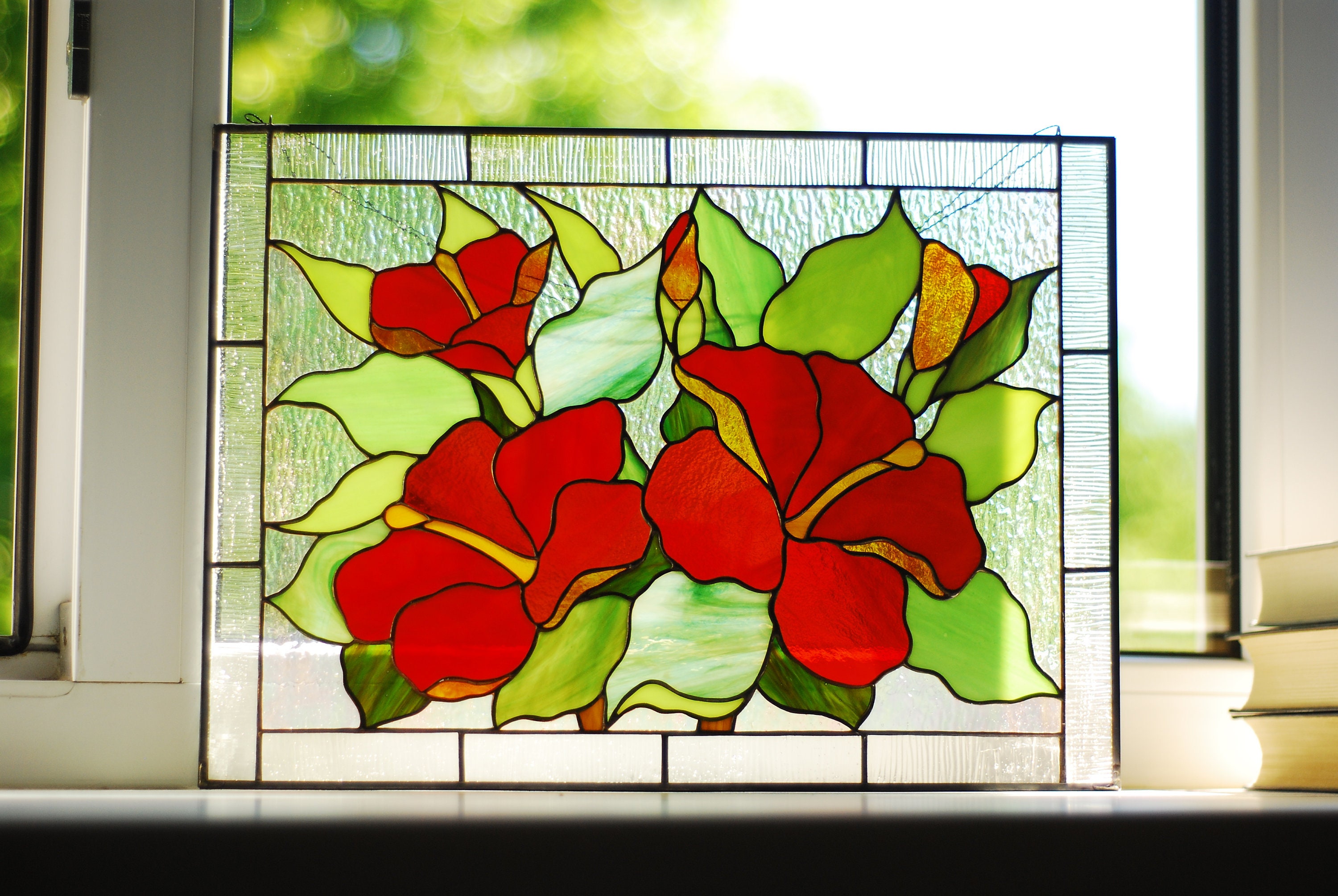 Red Hibiscus Stained Glass Panel - Floral Window Hanging, Custom