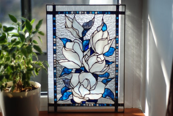 Stained Glass Window Panel Magnolia 17 x 12 in. Tiffany Glass Art, Handmade gift, White Flower Window Hangings