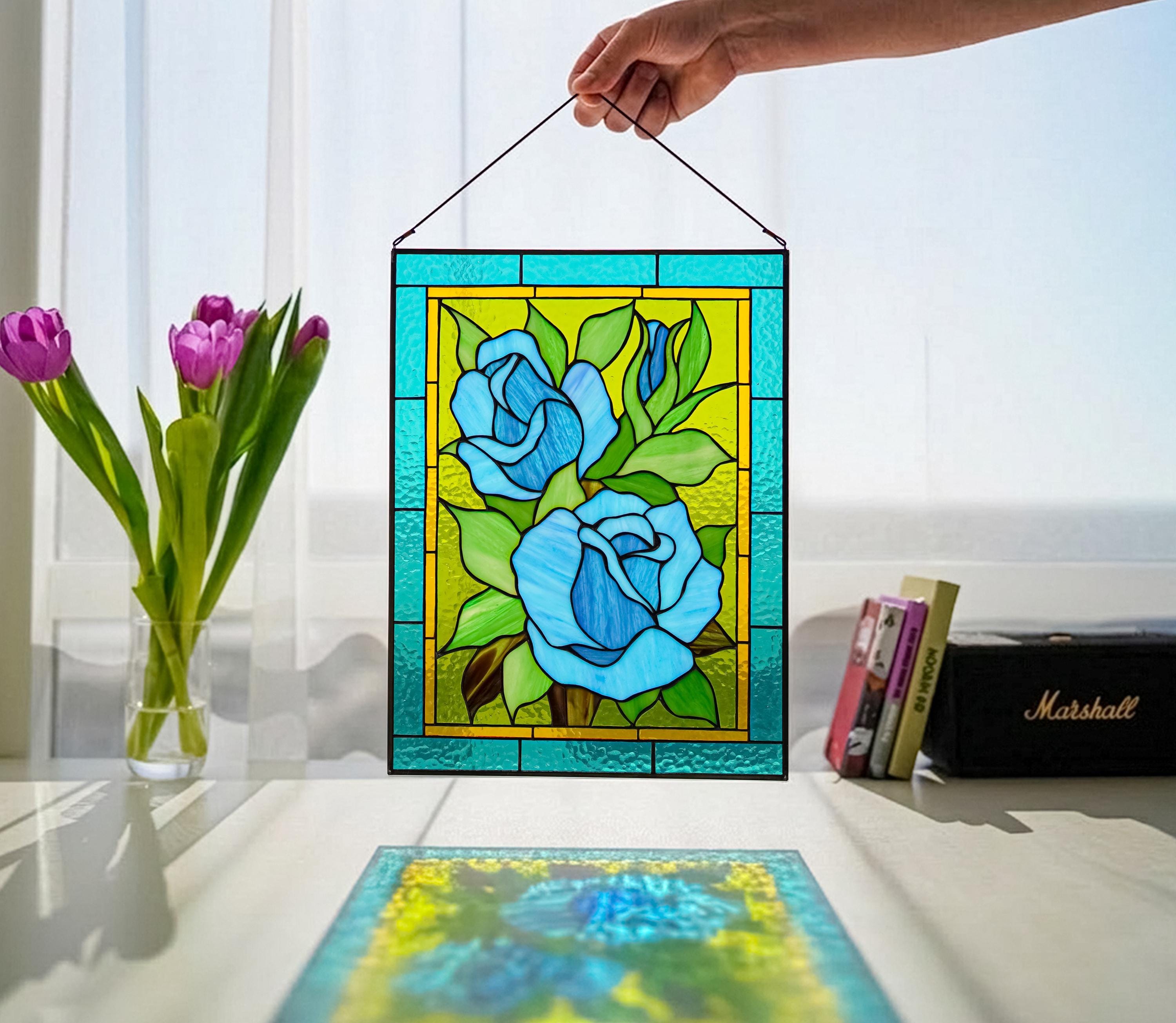 Rare Blue Rose Window Hanging 11x14 In, Hand-cut Stained Glass