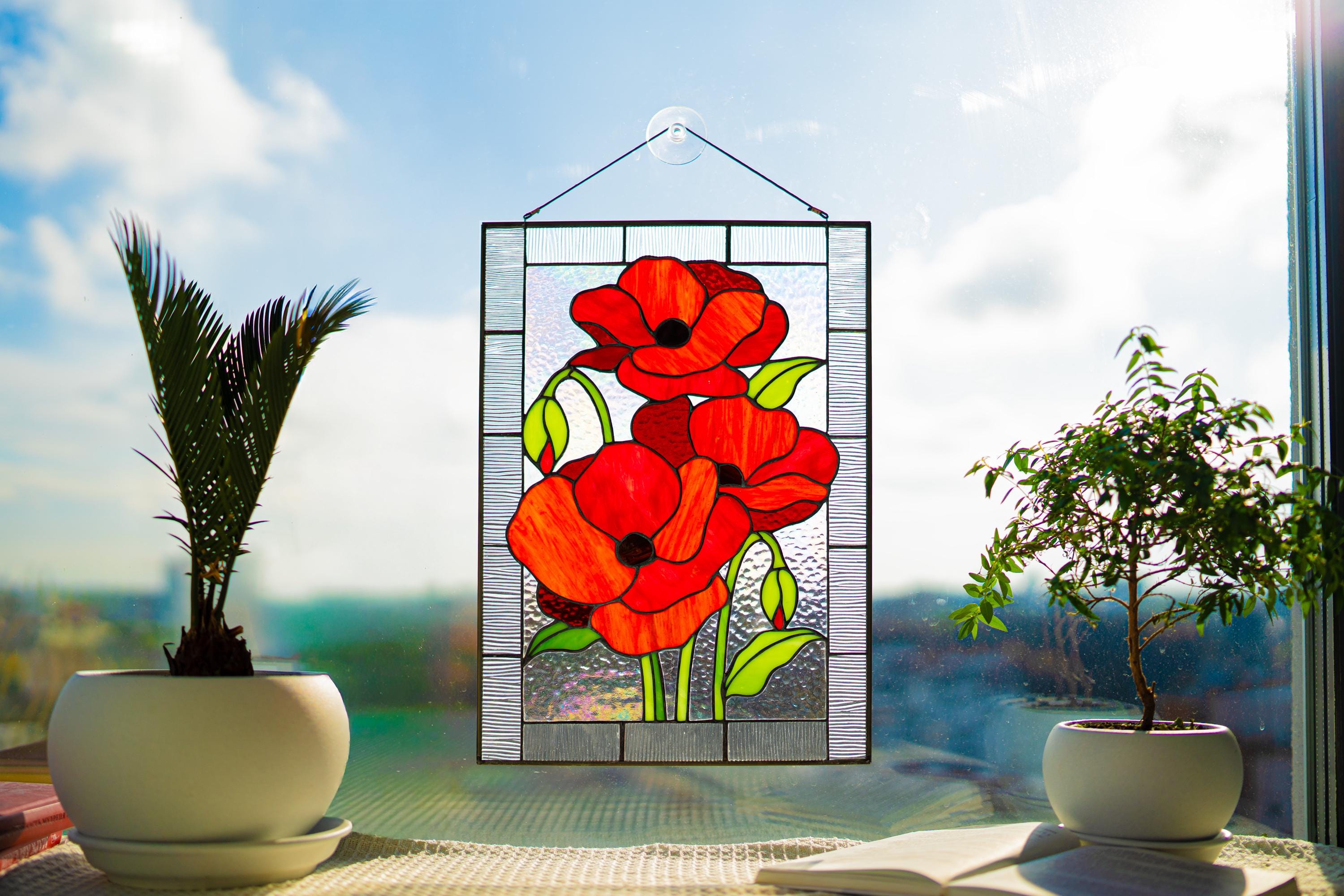 Stained Glass Panel Red Poppies Flowers 15 X 10.6 Inch. Tiffany