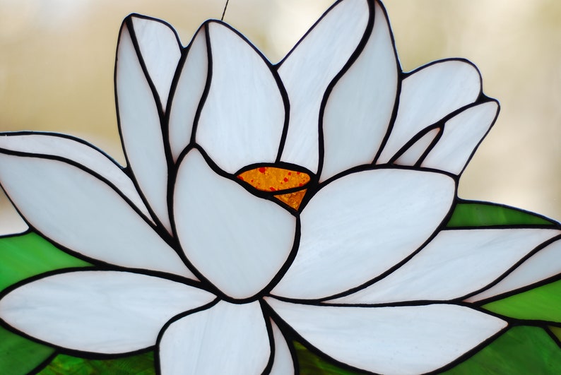 Stained glass panel lotus White flower glass art Waterlily window handing home accessory Custom suncatcher House decor Christmas gift image 5