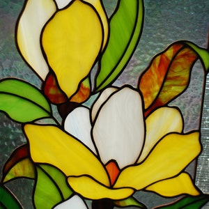 Yellow magnolia stained glass panel Mothers day gifts Custom stained glass panel Yellow flowers window hangings Stained glass suncatchers image 5