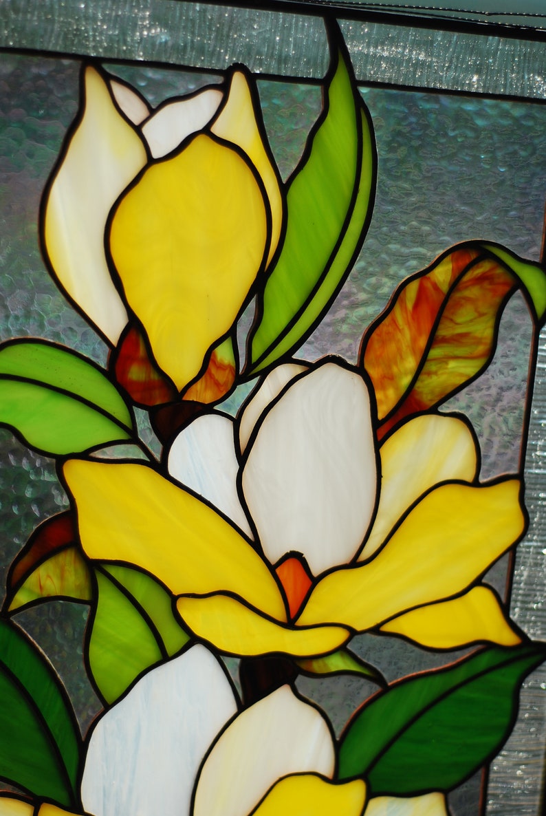 Yellow magnolia stained glass panel Mothers day gifts Custom stained glass panel Yellow flowers window hangings Stained glass suncatchers image 5