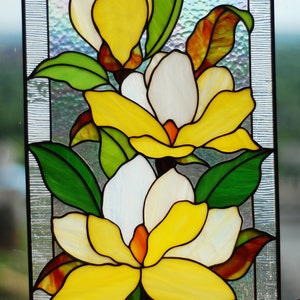 Yellow magnolia stained glass panel Mothers day gifts Custom stained glass panel Yellow flowers window hangings Stained glass suncatchers image 2