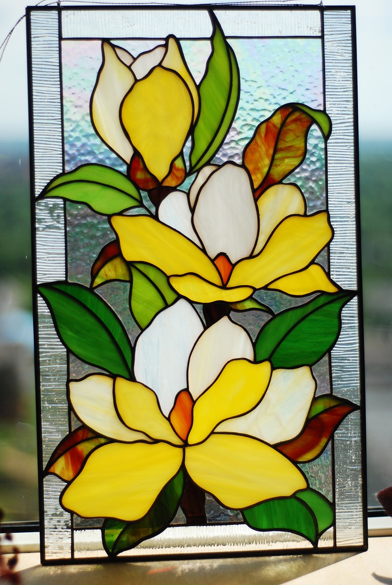 Yellow magnolia stained glass panel Mothers day gifts Custom stained glass panel Yellow flowers window hangings Stained glass suncatchers image 2