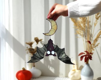 Handmade Vampire Bat Crescent Moon Stained Glass Suncatcher 10x10 In, Halloween Wall Decor