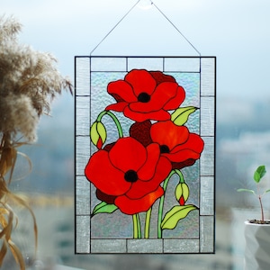 Stained glass panel Red poppies Stained glass window hanging Red flowers Stained glass suncatcher Custom stained glass Mother&#39;s day gift