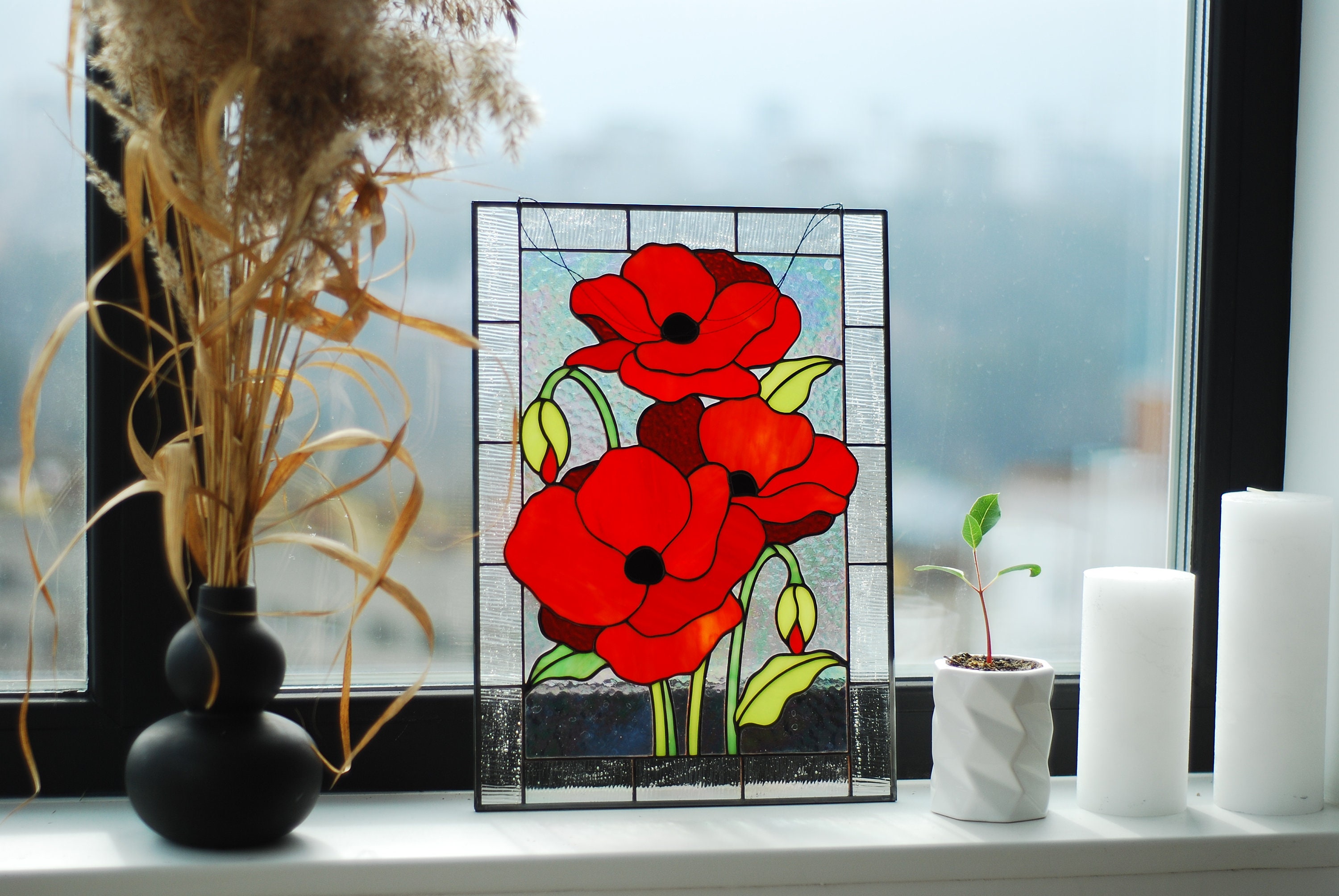 Stained Glass Panel Red Poppies Stained Glass Window Hanging Red Flower  Stained Glass Suncatcher Custom Stain Glass Kitchen Cabinets Decor - Etsy  Denmark