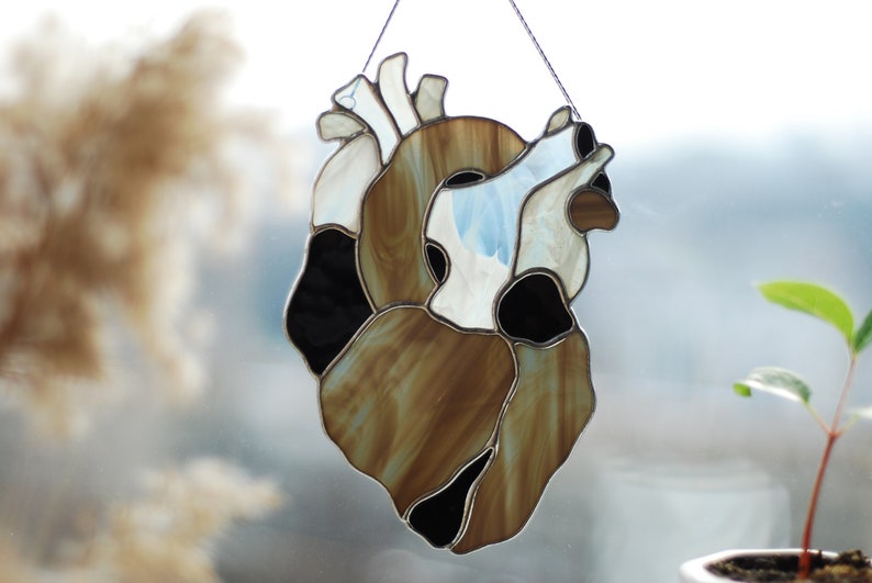 Stained glass anatomical heart Christmas gift Stained glass window hanging Stain glass suncatcher Glass decor Black heart suncatchers image 9