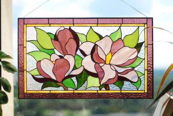 Stained Glass Magnolia Panel 15.5 x12.5 inch. Floral Window