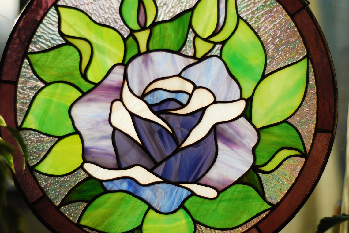Purple roses Stained glass panel Round Stained glass window Etsy