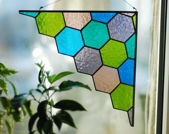 Stained glass honeycomb Multicolor corner honeycomb Suncatcher Stained glass panel Stained glass window hanging Custom stained glass