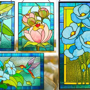 Blue Peony Stained Glass Panel 11.5x15.5 in, Teal Floral Wall Art, Handmade Tiffany Suncatcher image 11