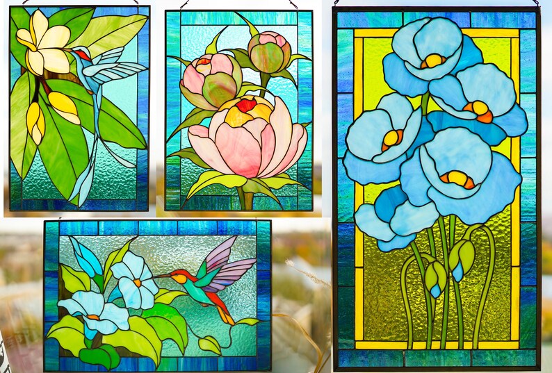 Blue Peony Stained Glass Panel 11.5x15.5 in, Teal Floral Wall Art, Handmade Tiffany Suncatcher image 11