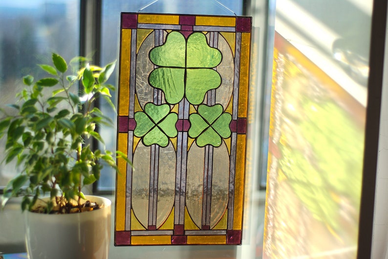 Stained glass Panel fourleaf clover Stained glass Suncatchers Etsy
