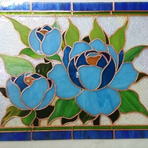 Blue Peony Stained Glass Panel 11.5x15.5 in, Teal Floral Wall Art, Handmade Tiffany Suncatcher image 4