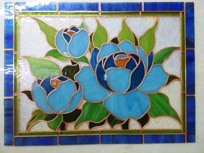 Blue Peony Stained Glass Panel 11.5x15.5 in, Teal Floral Wall Art, Handmade Tiffany Suncatcher image 4