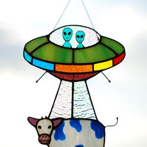 Stained glass UFO Abduction a cow Stained glass window hangings Stained glass suncatchers Stained glass decor Funny gift Form Ukraine image 10