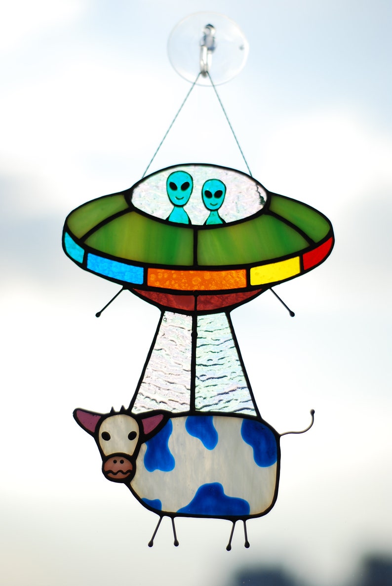 Stained glass UFO Abduction a cow Stained glass window hangings Stained glass suncatchers Stained glass decor Funny gift Form Ukraine image 10