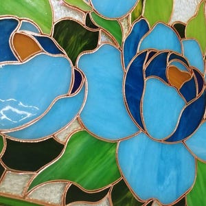 Blue Peony Stained Glass Panel 11.5x15.5 in, Teal Floral Wall Art, Handmade Tiffany Suncatcher image 7