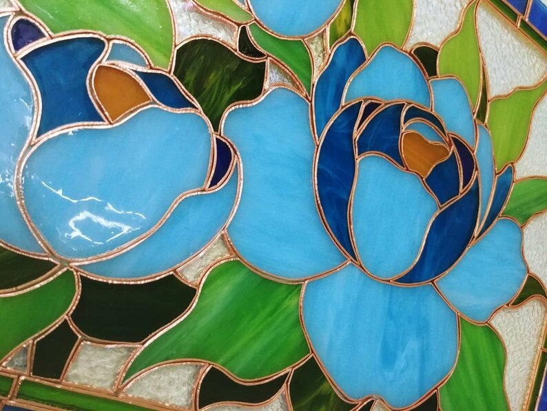 Blue Peony Stained Glass Panel 11.5x15.5 in, Teal Floral Wall Art, Handmade Tiffany Suncatcher image 7