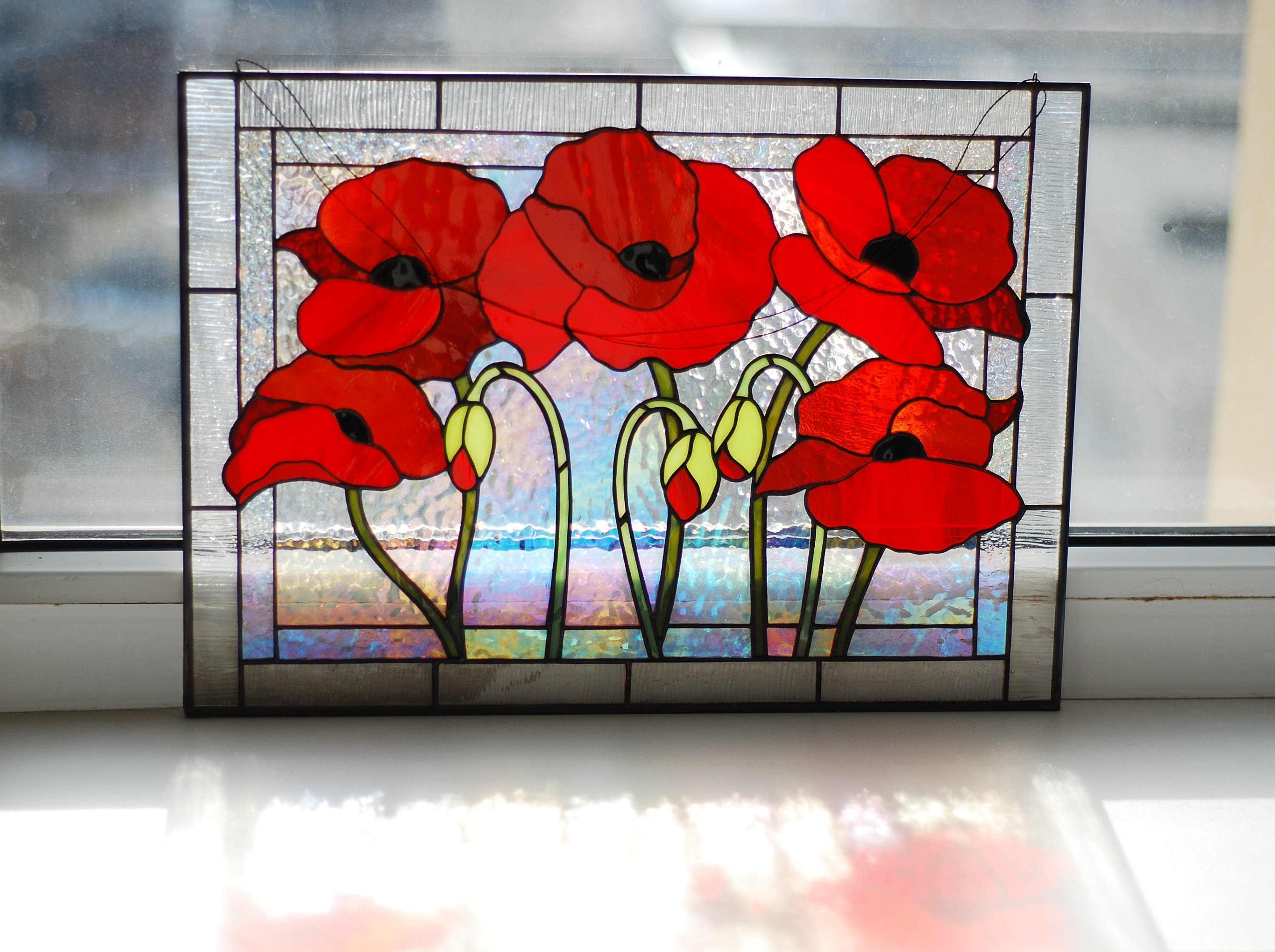 Red Poppy Stained Glass Panel, Handmade Window Hanging, Red Flower