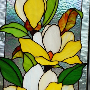 Yellow magnolia stained glass panel Mothers day gifts Custom stained glass panel Yellow flowers window hangings Stained glass suncatchers image 4