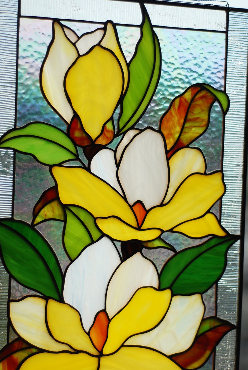 Yellow magnolia stained glass panel Mothers day gifts Custom stained glass panel Yellow flowers window hangings Stained glass suncatchers image 4