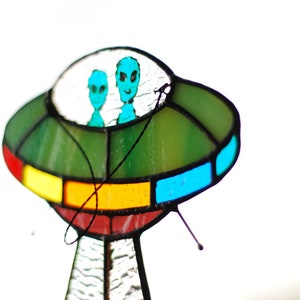 Stained glass UFO Abduction a cow Stained glass window hangings Stained glass suncatchers Stained glass decor Funny gift Form Ukraine image 7