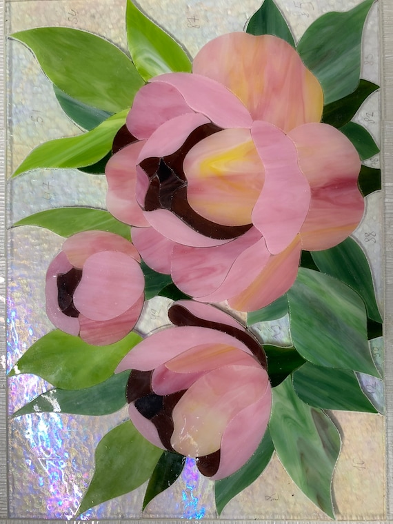ステンドグラス♦︎ピンクフラワーパネル Stained glass panel Pink Peony flower Stained glass window