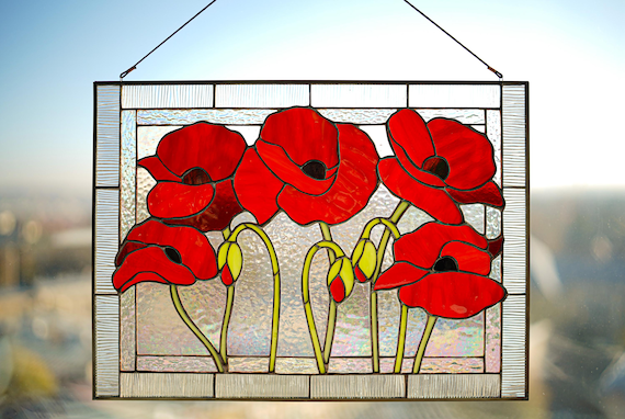 Red Poppy Stained Glass Panel, Handmade Window Hanging, Red Flower