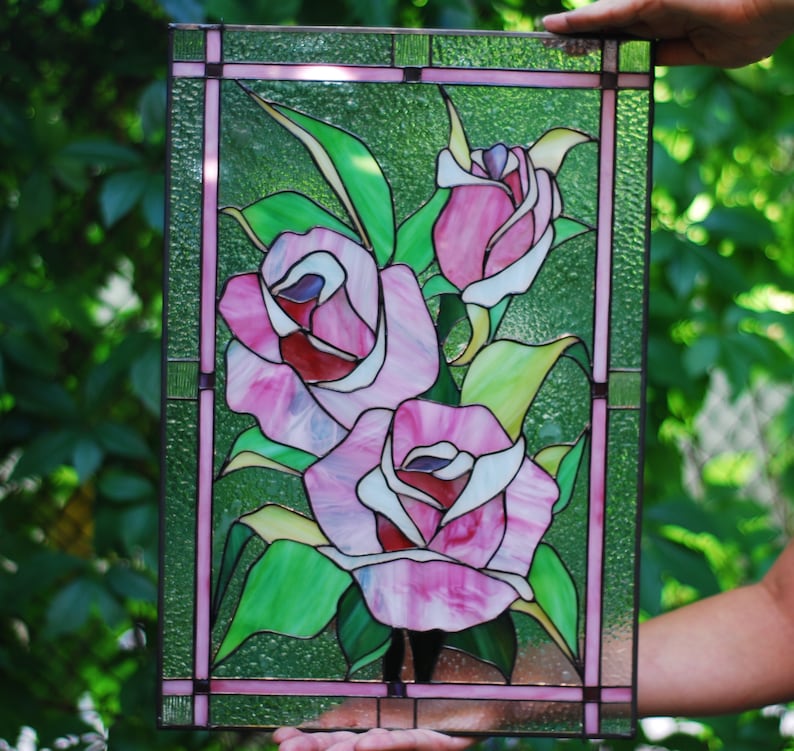 Stained Glass Panel 15 x 11 Pink roses Etsy