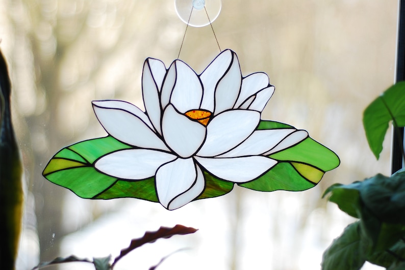 Stained glass panel lotus White flower glass art Waterlily window handing home accessory Custom suncatcher House decor Christmas gift image 1