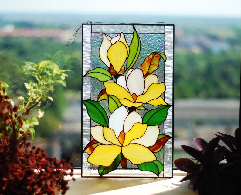 Yellow magnolia stained glass panel Mothers day gifts Custom stained glass panel Yellow flowers window hangings Stained glass suncatchers image 1