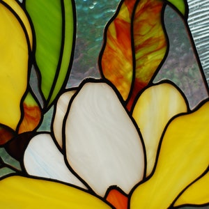 Yellow magnolia stained glass panel Mothers day gifts Custom stained glass panel Yellow flowers window hangings Stained glass suncatchers image 3