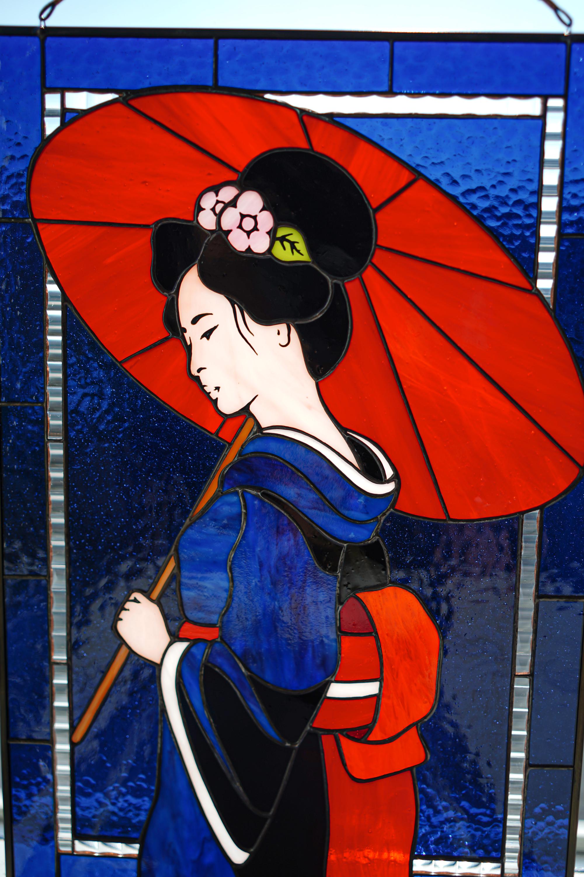 Ghisetti（ギセッティ）ガラス象 Geisha Red Umbrella Stained Glass Panel Suncatcher, Japanese