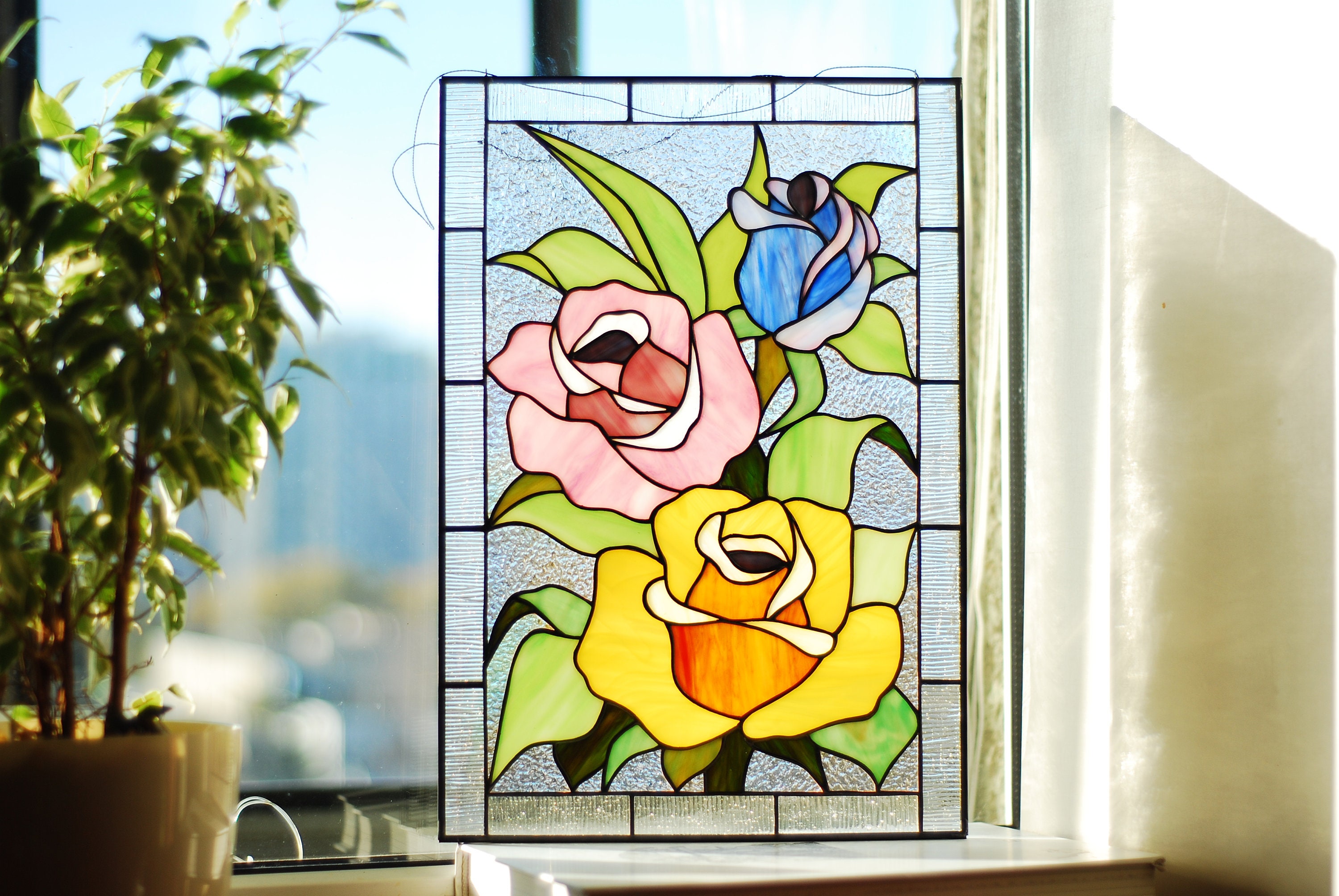 Stained Glass Window Panel Multicolored Roses, Handmade Sun