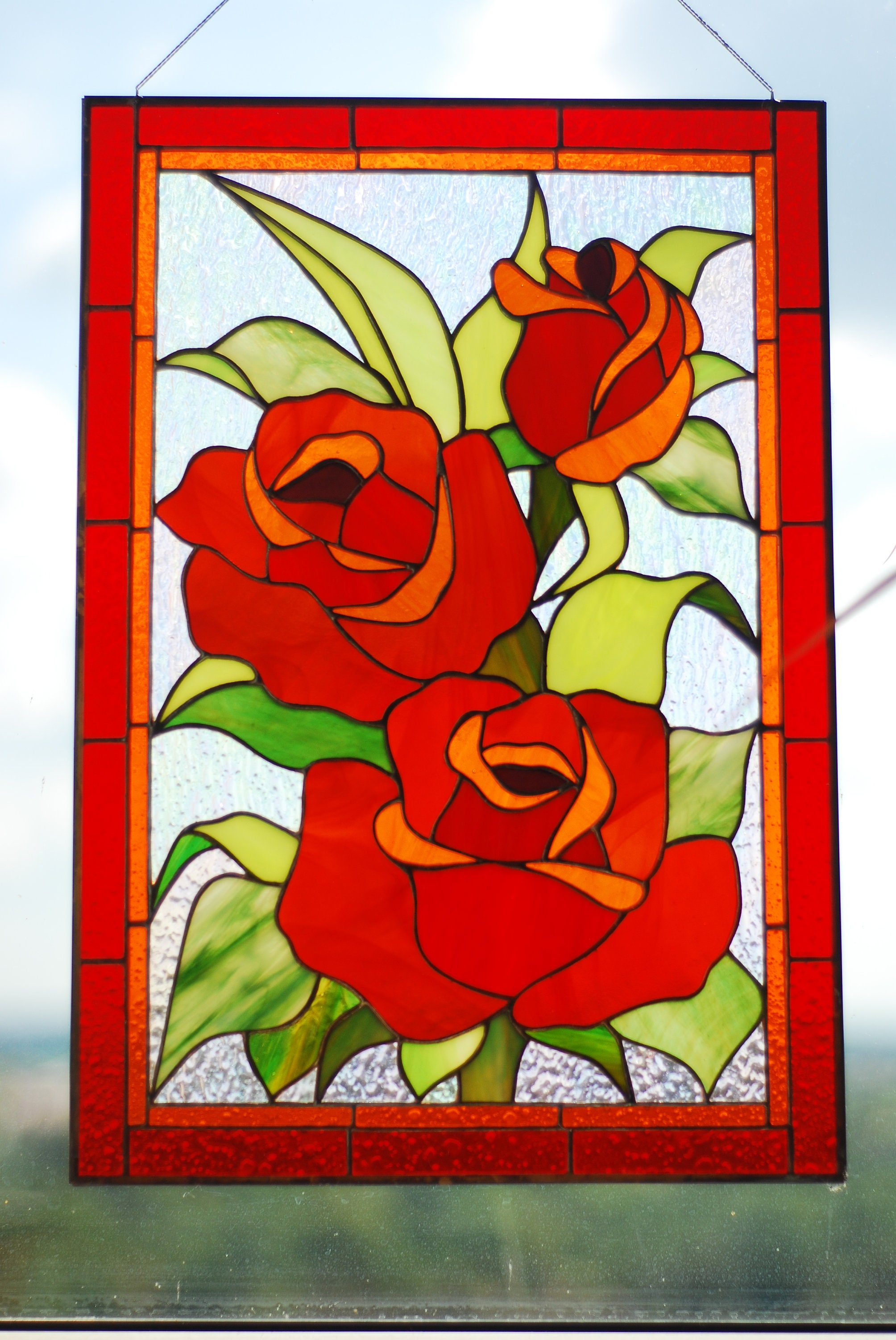 Red Roses Stained Glass Panel Stained Glass Window Hanging Etsy