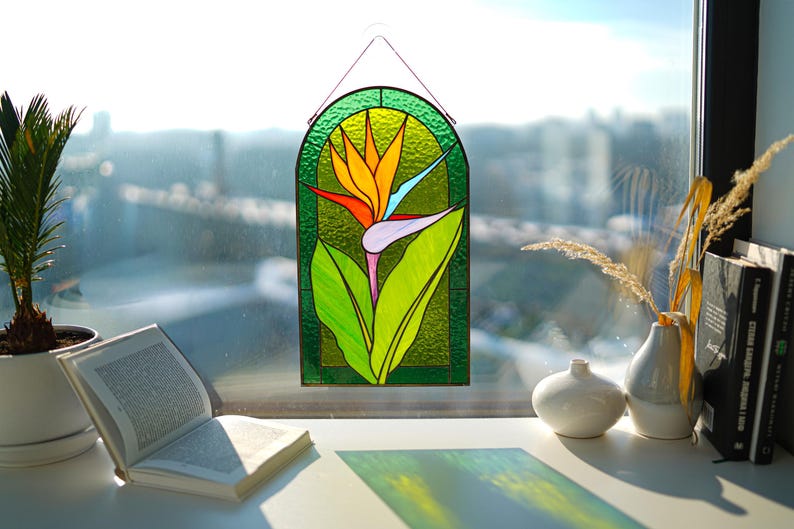 Bird of Paradise Stained Glass Panel, Tropical Floral Suncatcher ...
