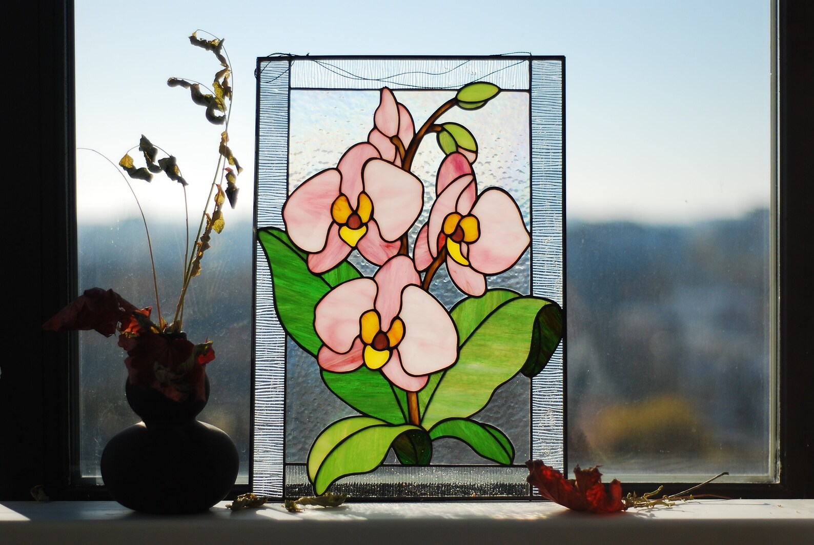 Orchid Stained Glass Panel Stain Glass Window Hangings Stained Etsy